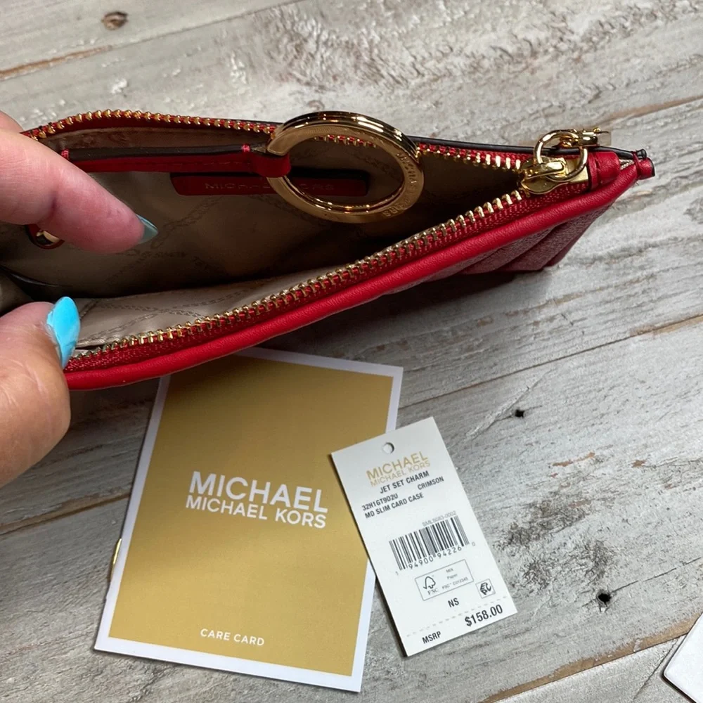 NWT MICHAEL KORS MK MD SLIM CARD CASE RED BRAND NEW Retail $158 AUTHENTIC WOW!!